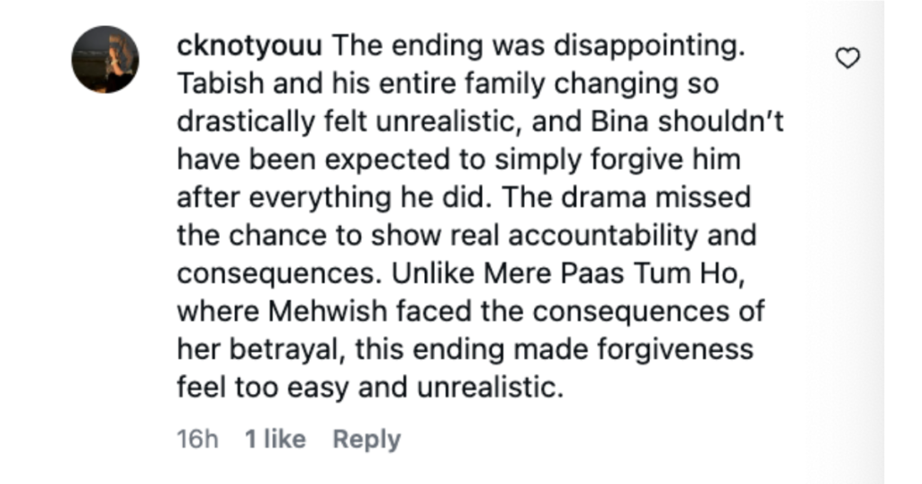 Viewer review criticizing the Aap Ki Izzat finale for resolving the story too easily