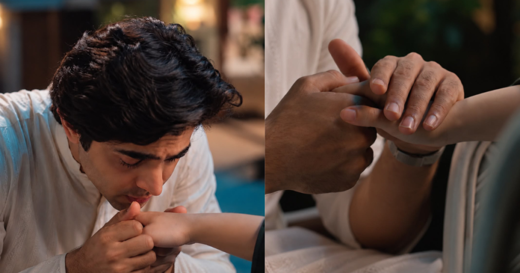 Abu Bakar gently kisses Zaryab's hand in Dar e Nijat Episode 24