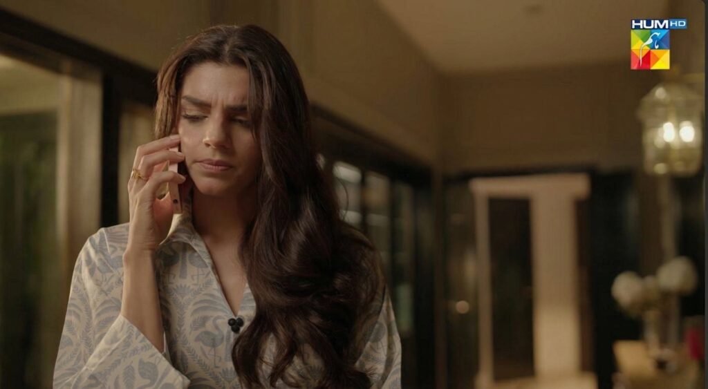 Sara looking annoyed and insecure about Shehryar and Diya’s closeness in Gulbahar episode 12